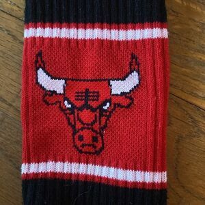 Bull’s crew socks, one pair, one size red black white.